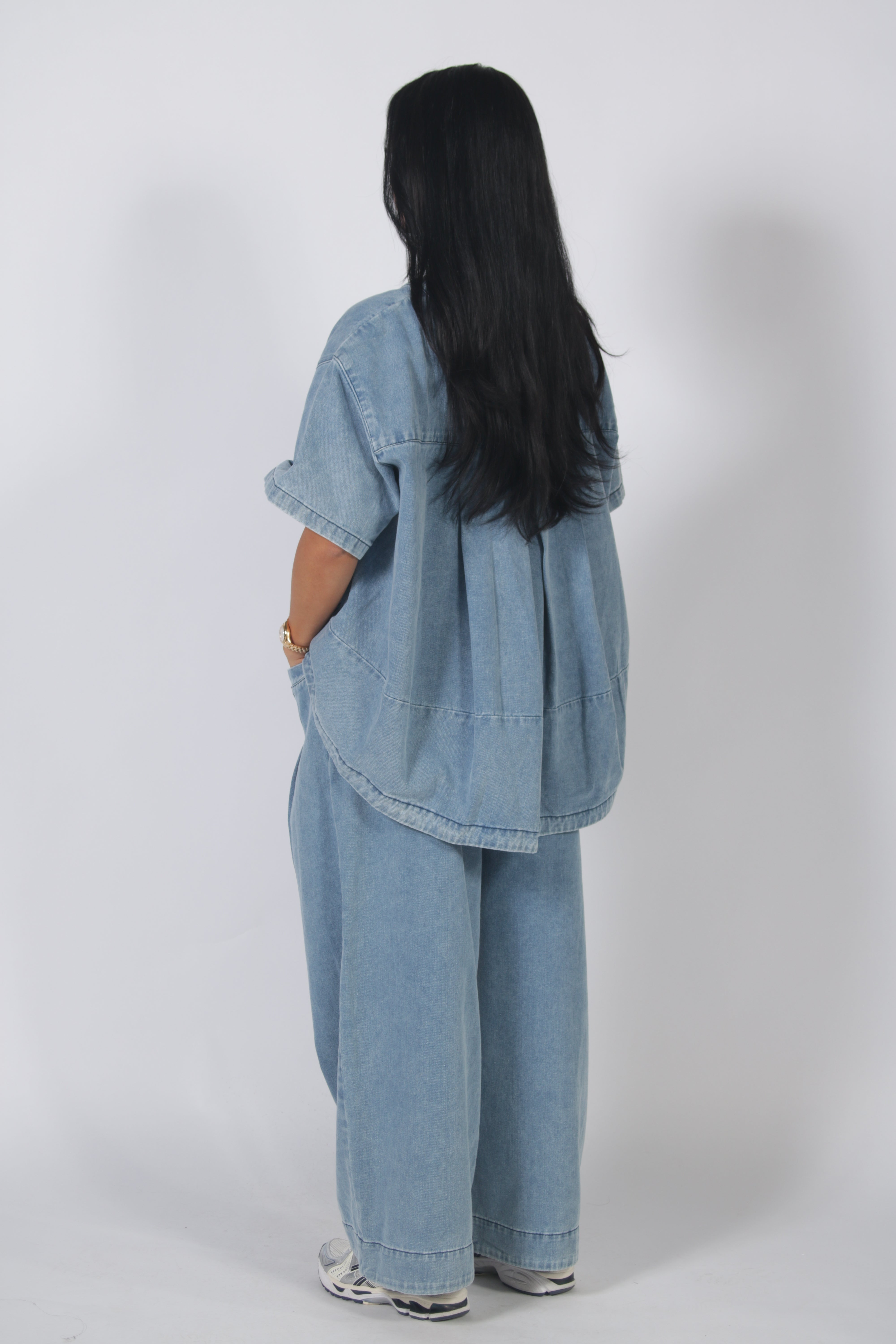 Oversized Short Sleeve Denim Top & Wide Leg Pants Set