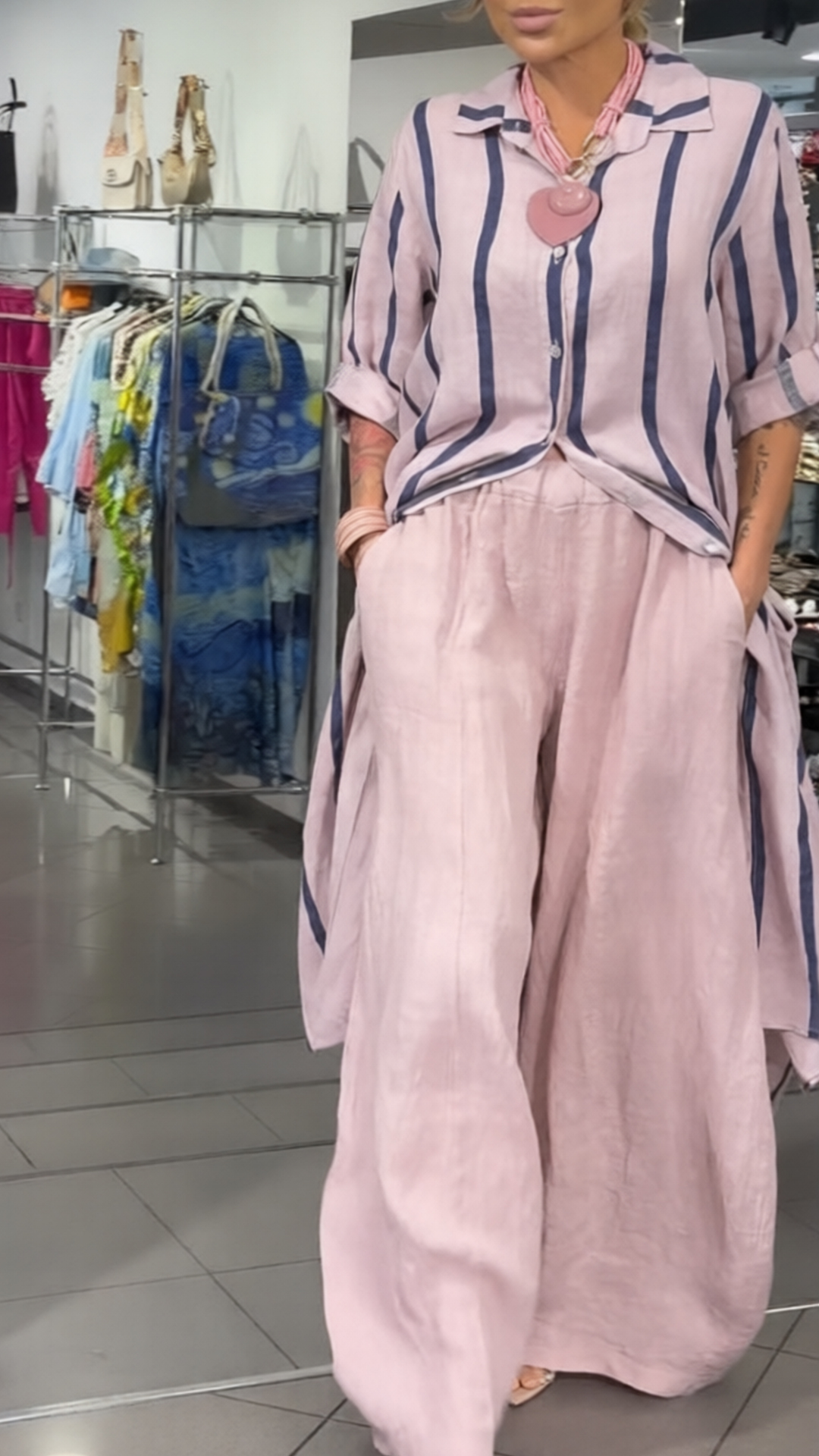 French Striped Longline Shirt Jacket & Wide Leg Pants Set