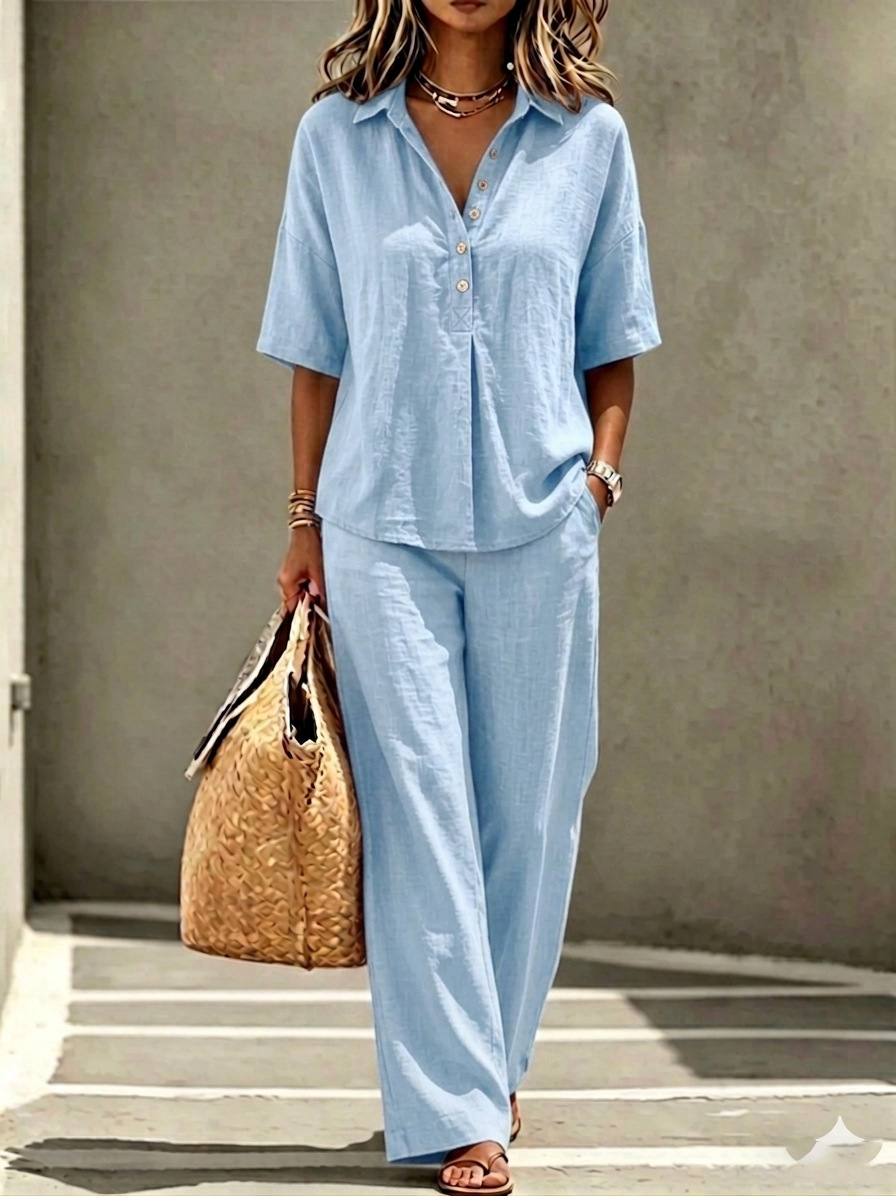 Linen Blend Polo Shirt & Wide Leg Pants Set