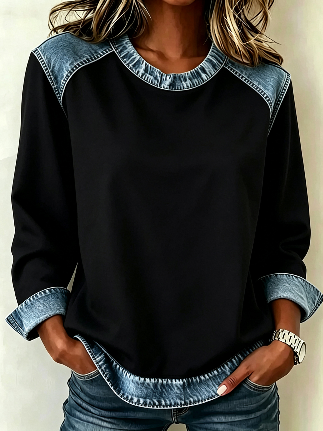 Color Block Denim Patchwork Crew Neck Long Sleeve Blouse