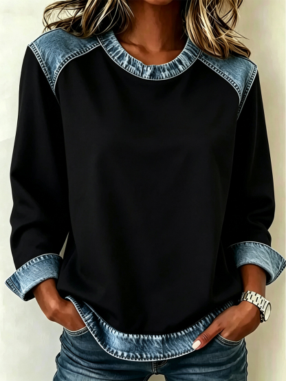 Color Block Denim Patchwork Crew Neck Long Sleeve Blouse