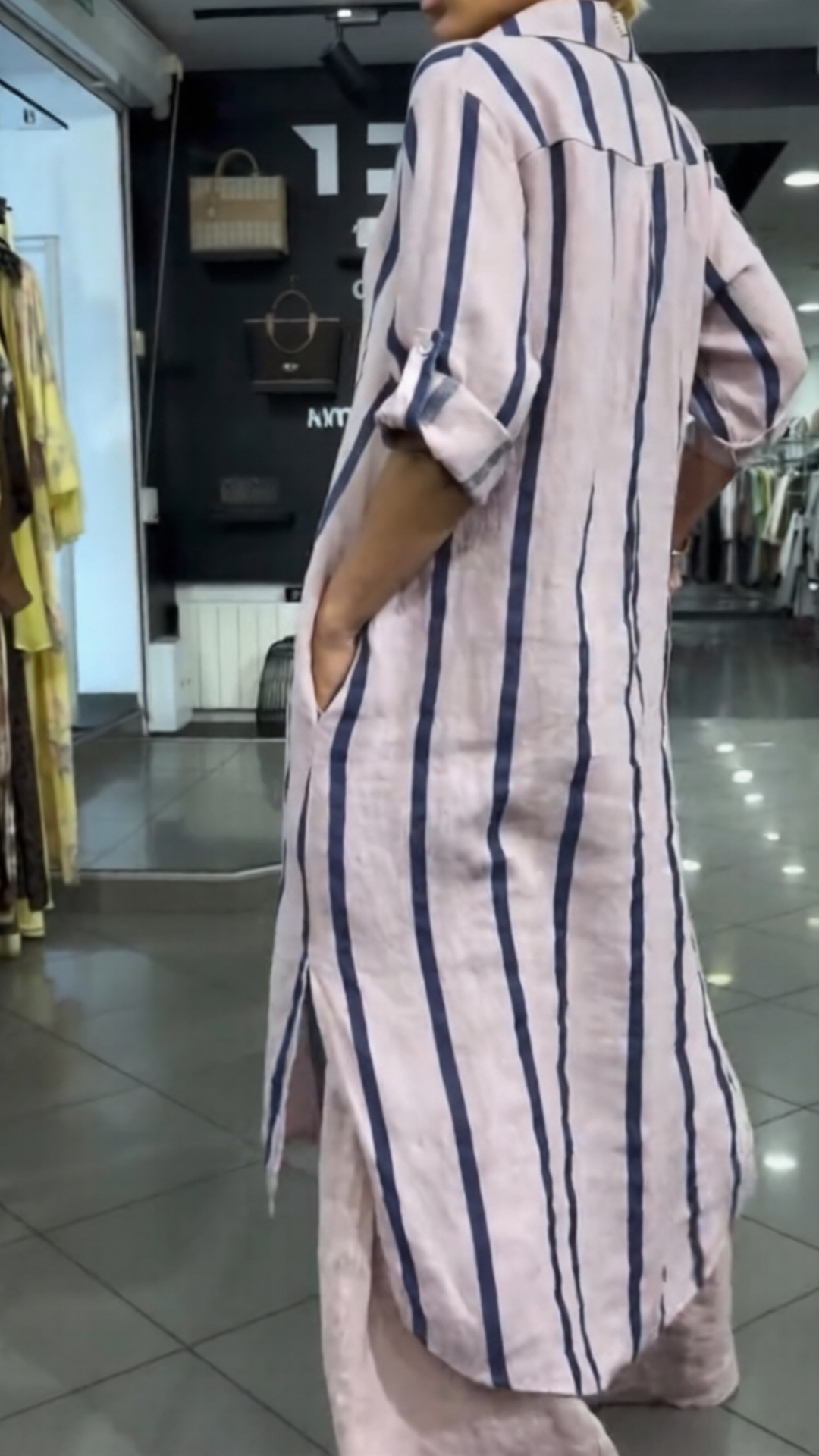 French Striped Longline Shirt Jacket & Wide Leg Pants Set