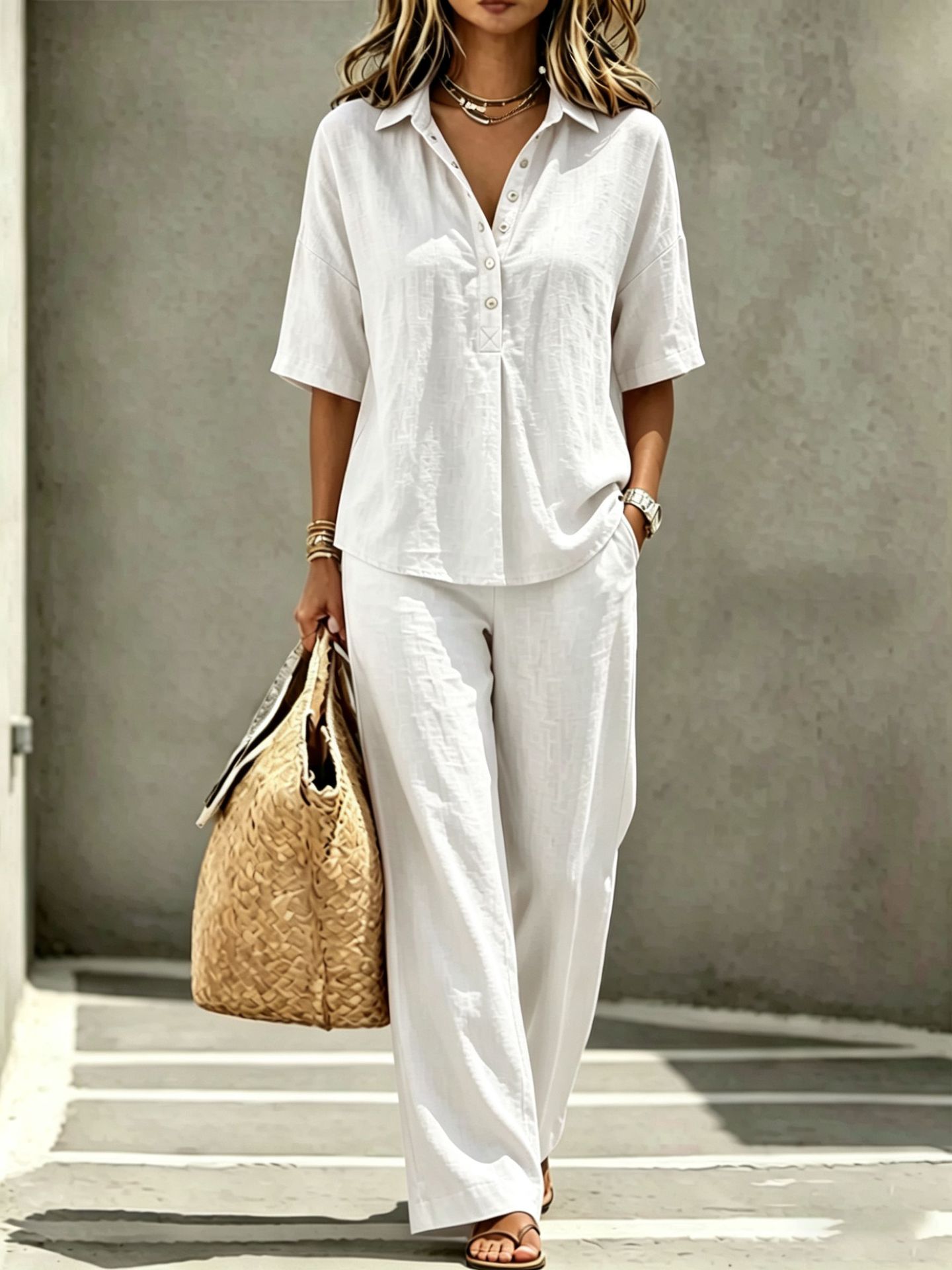 Linen Blend Polo Shirt & Wide Leg Pants Set