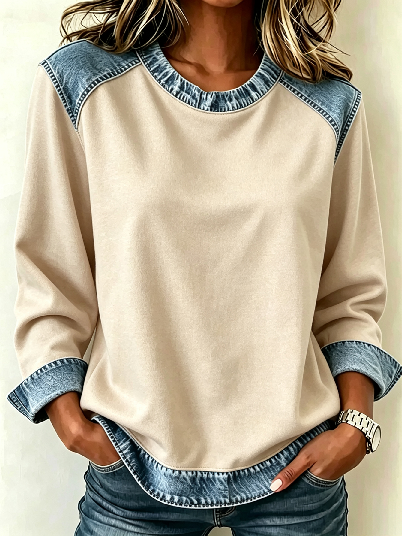 Color Block Denim Patchwork Crew Neck Long Sleeve Blouse