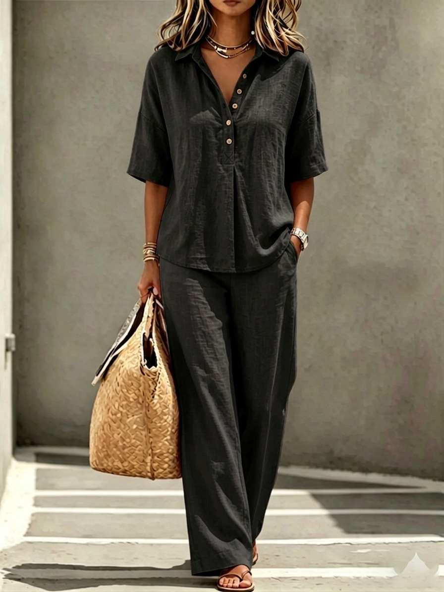 Linen Blend Polo Shirt & Wide Leg Pants Set