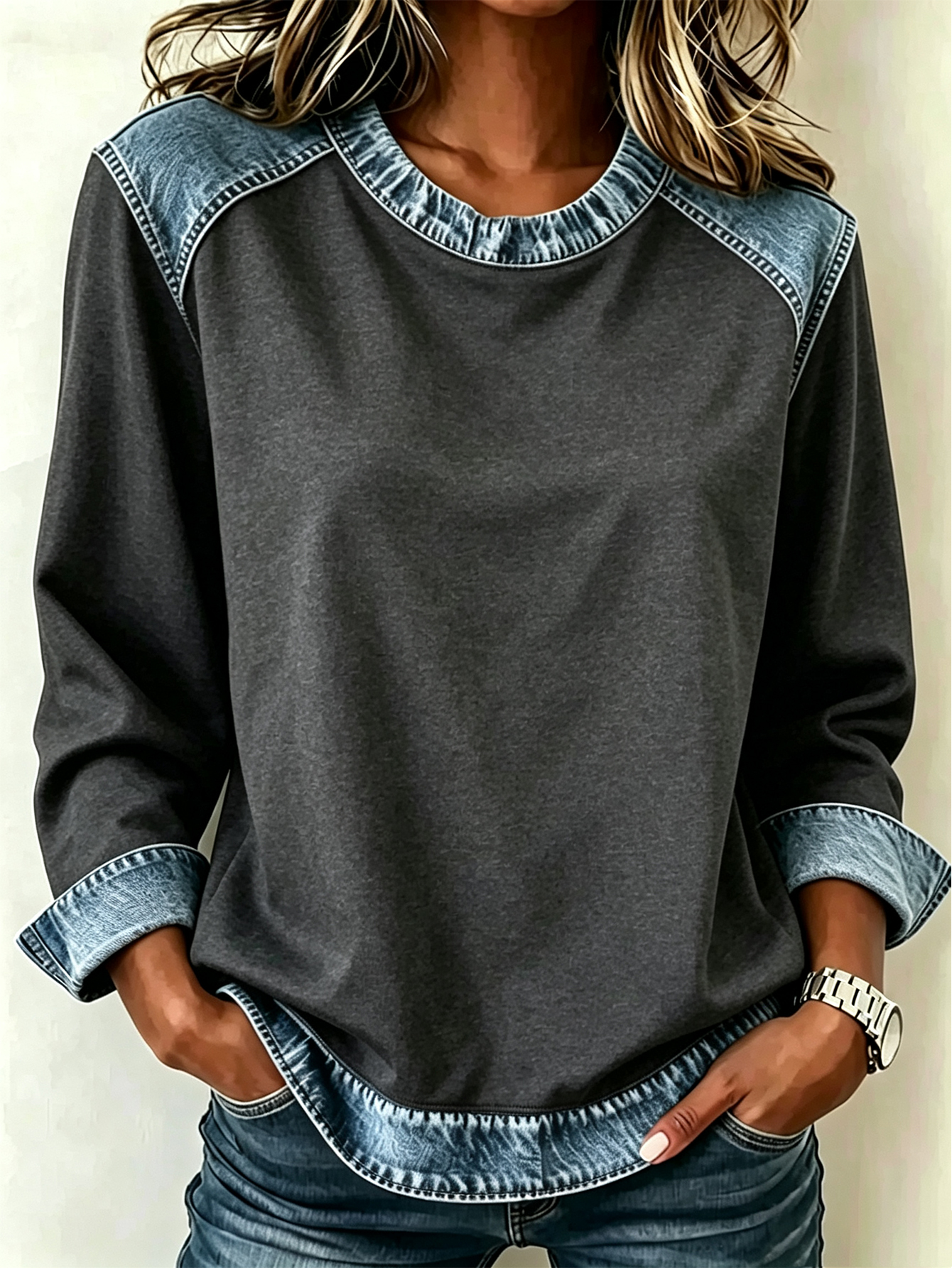 Color Block Denim Patchwork Crew Neck Long Sleeve Blouse