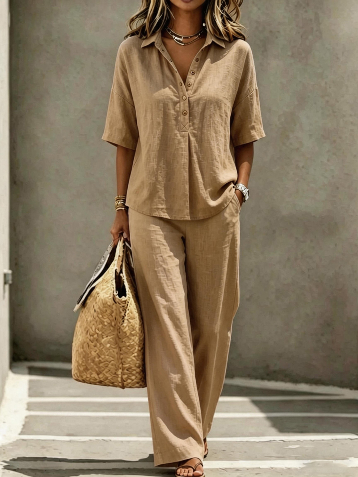 Linen Blend Polo Shirt & Wide Leg Pants Set