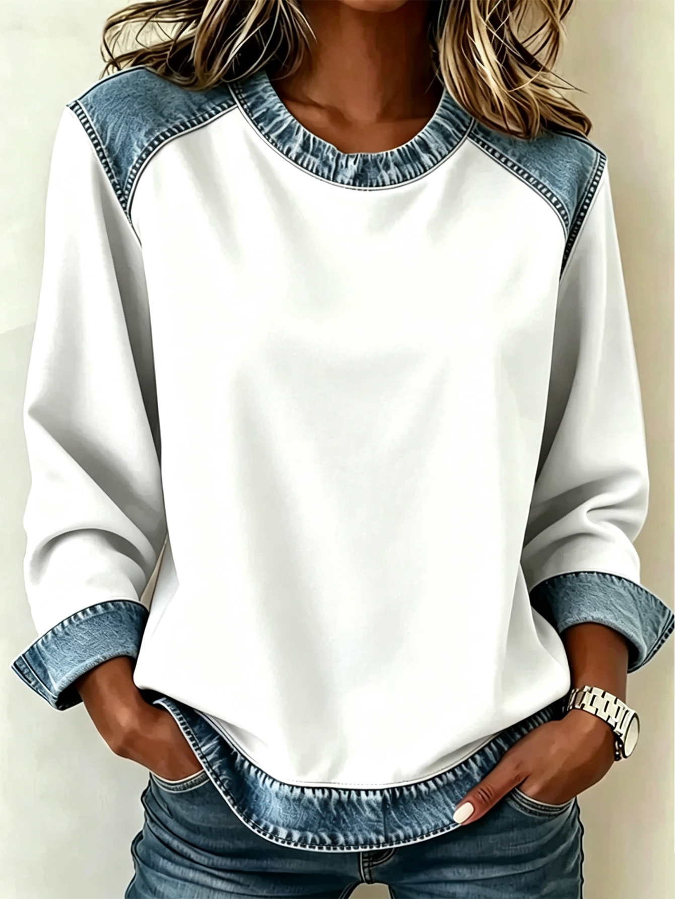 Color Block Denim Patchwork Crew Neck Long Sleeve Blouse