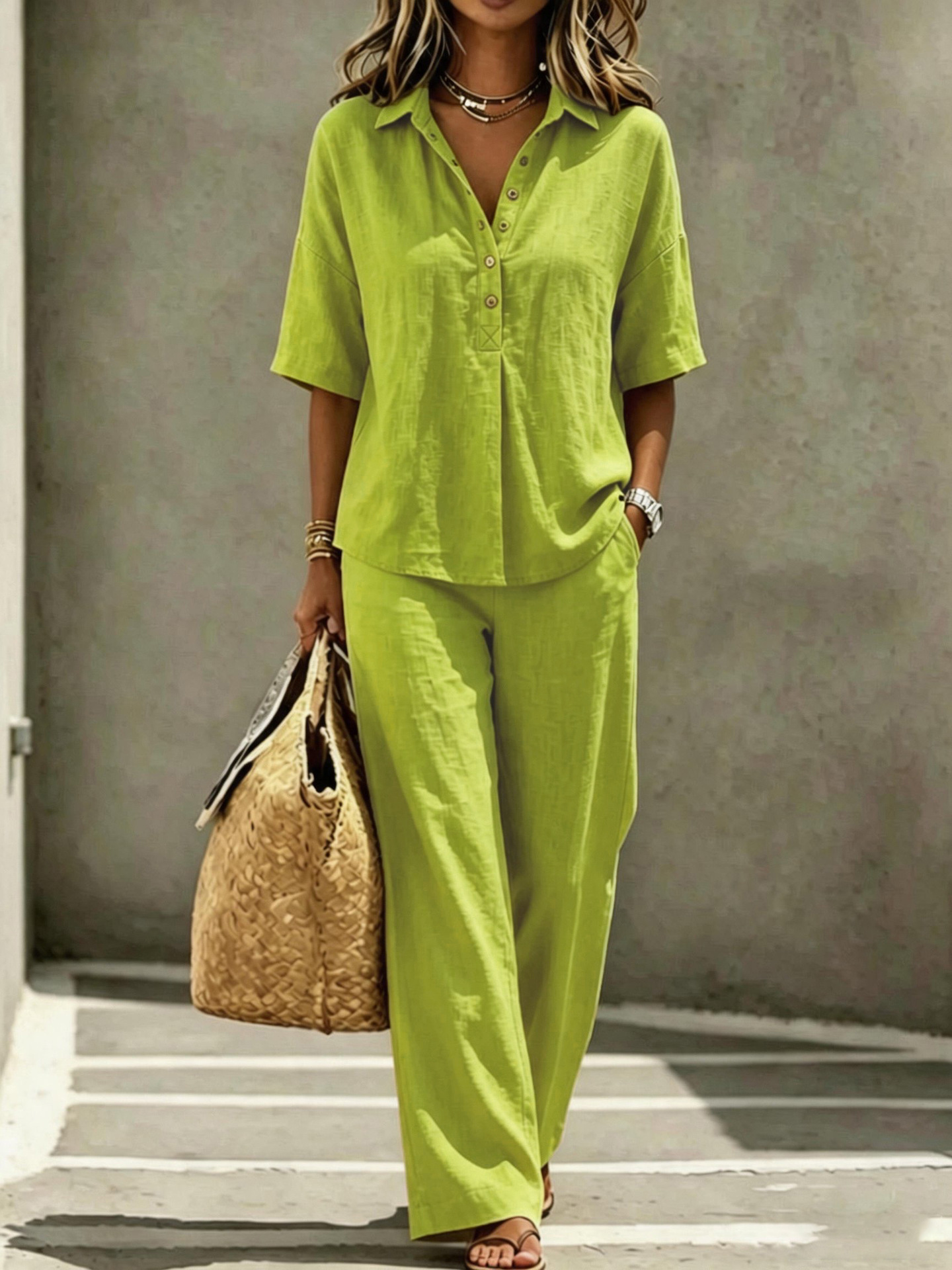 Linen Blend Polo Shirt & Wide Leg Pants Set