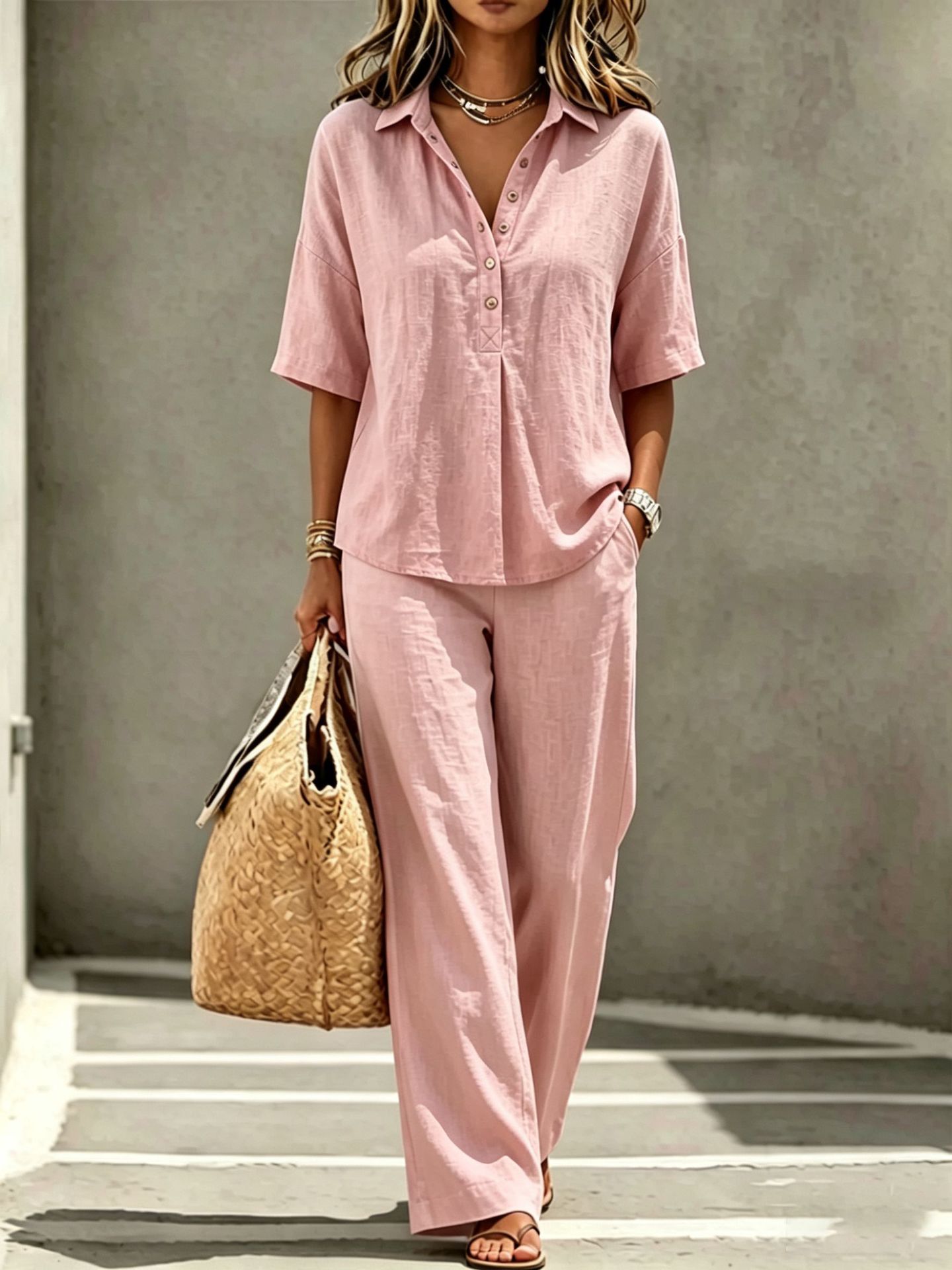 Linen Blend Polo Shirt & Wide Leg Pants Set