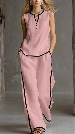 Women's Cotton-Blend Textured Sleeveless Top and Wide-Leg Pants Set