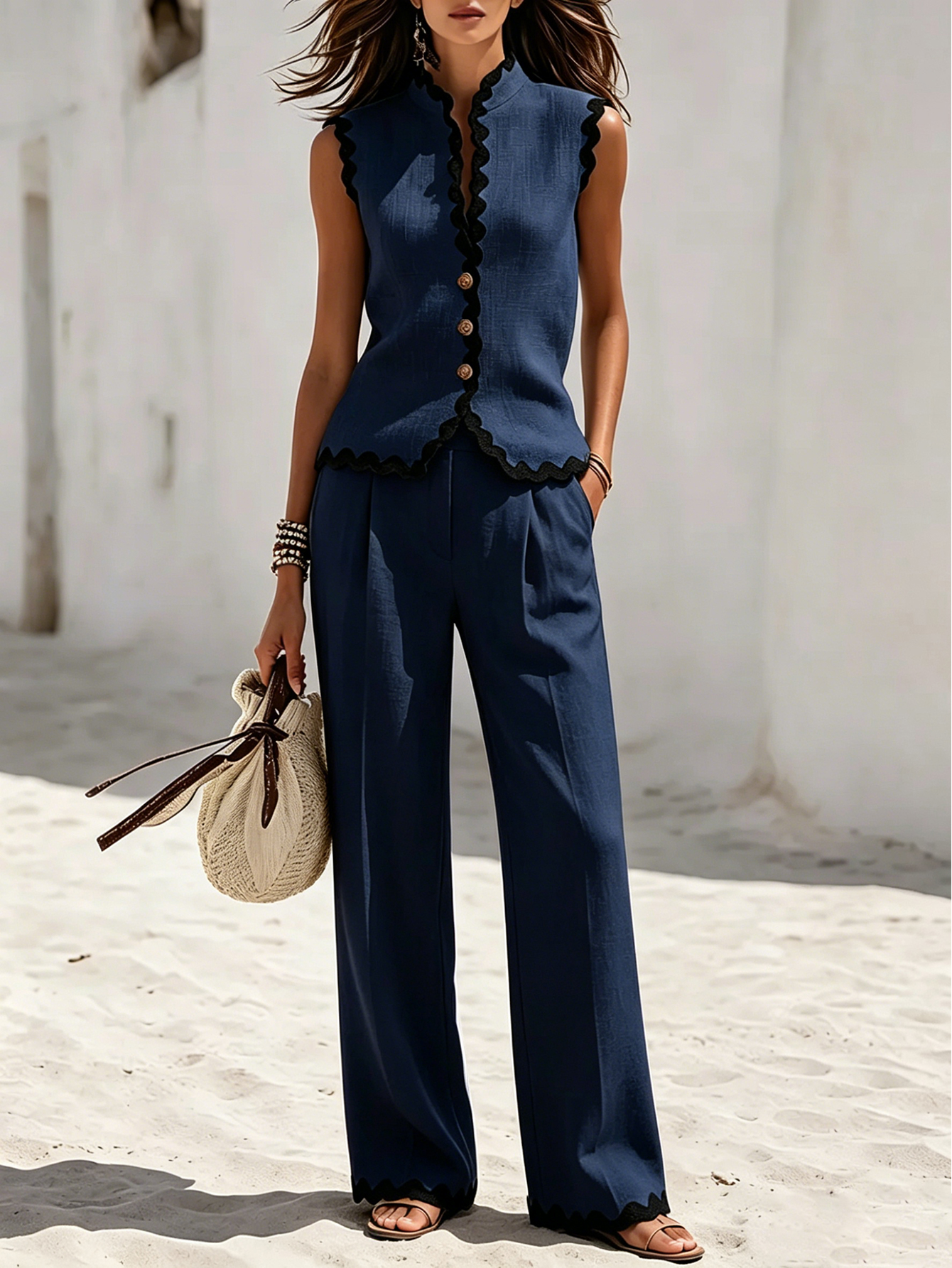 Resort-style Sleeveless Top With Wavy Hem And Linen Trousers Set