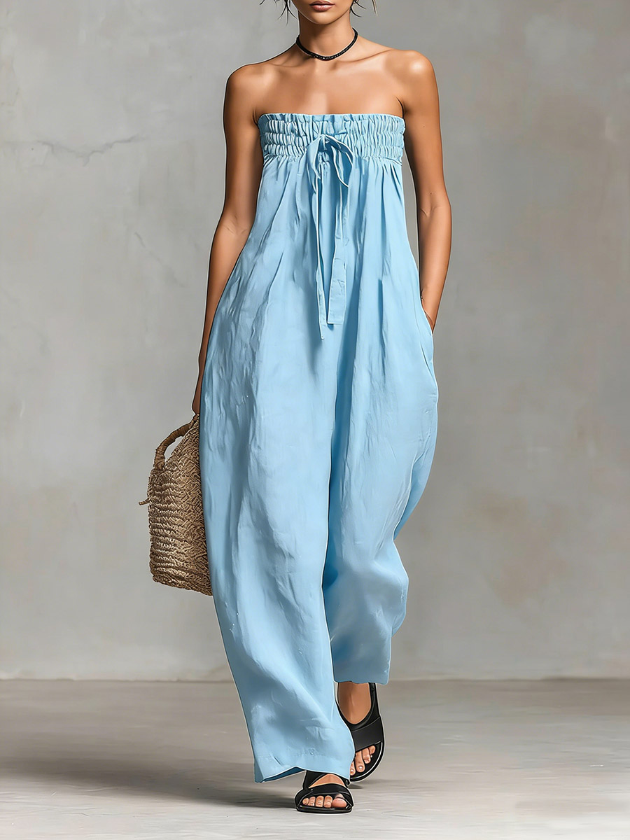 Women's Solid Color Strapless Casual Loose Cotton And Linen Jumpsuit
