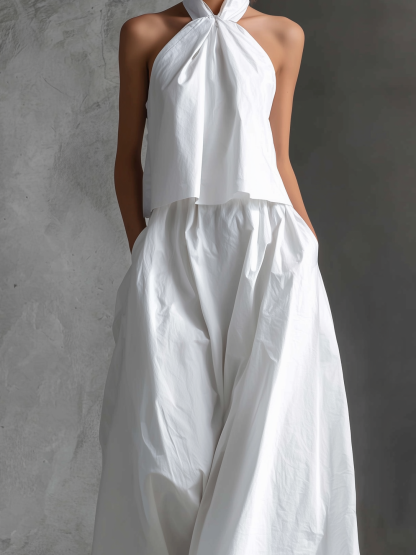 Women's Casual White Cotton And Linen Halter-neck Sleeveless Top And Skirt Set