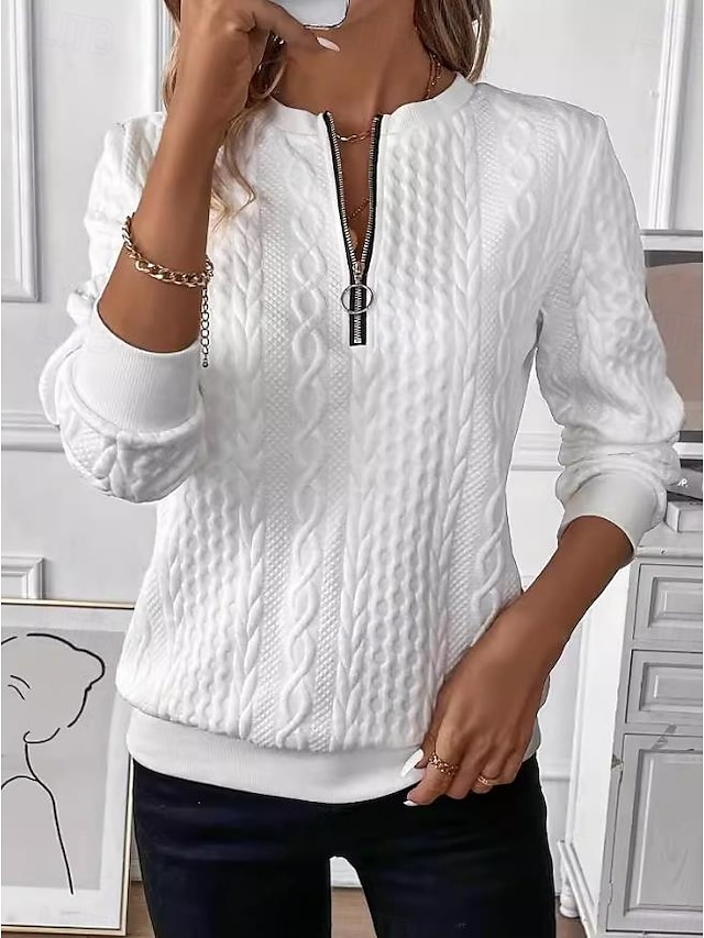 Women's Sweatshirt Elegant Modern Plain Work Crew Neck Zipper Loose Fit Long Sleeve