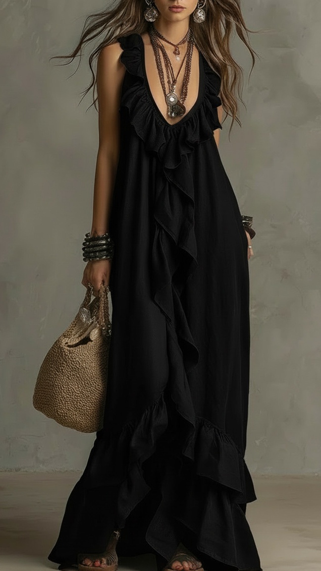 Women's Casual Bohemian V-Neck Short-Sleeve Ruffled Vintage Dress