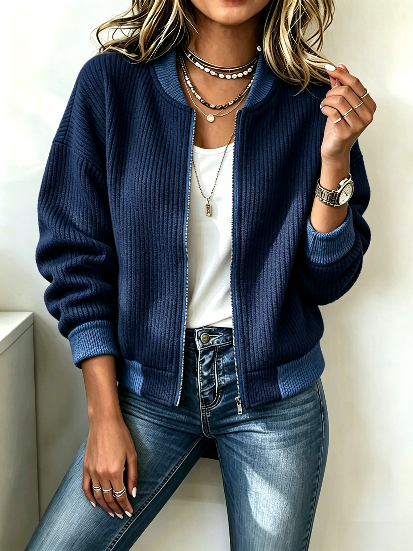 Women's Ribbed Knit Color Block Bomber Zip-Up Jacket