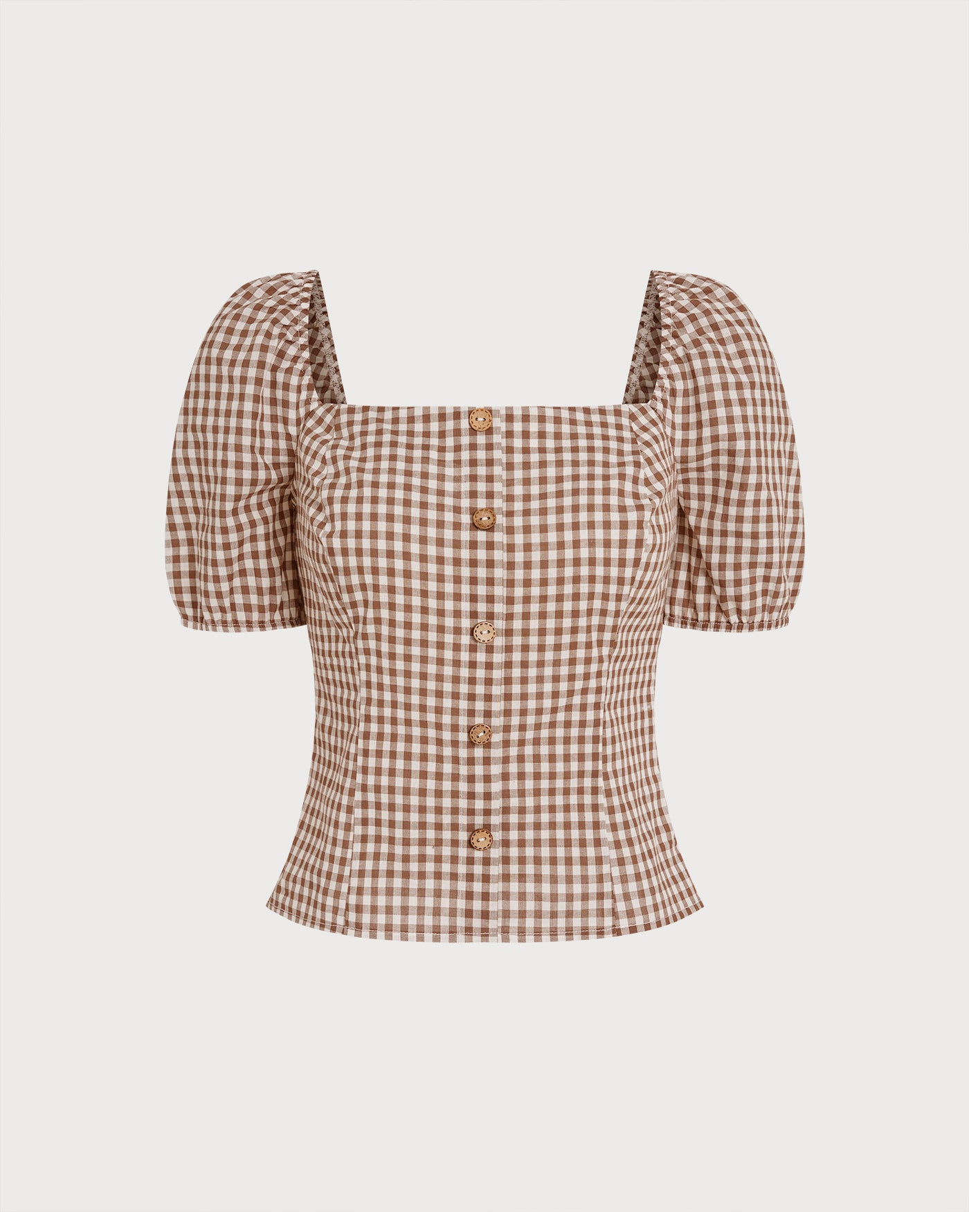 New Arrival 🌼 Brown Square Neck Puffed Sleeve Plaid Blouse
