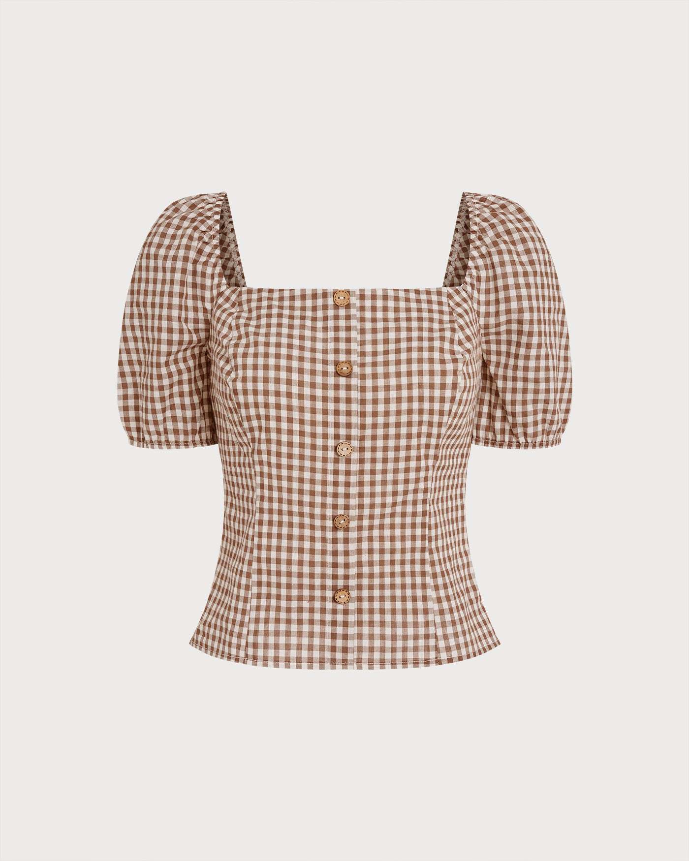 New Arrival 🌼 Brown Square Neck Puffed Sleeve Plaid Blouse