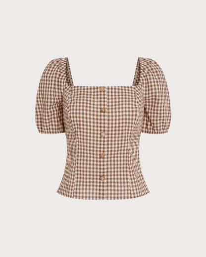 New Arrival 🌼 Brown Square Neck Puffed Sleeve Plaid Blouse