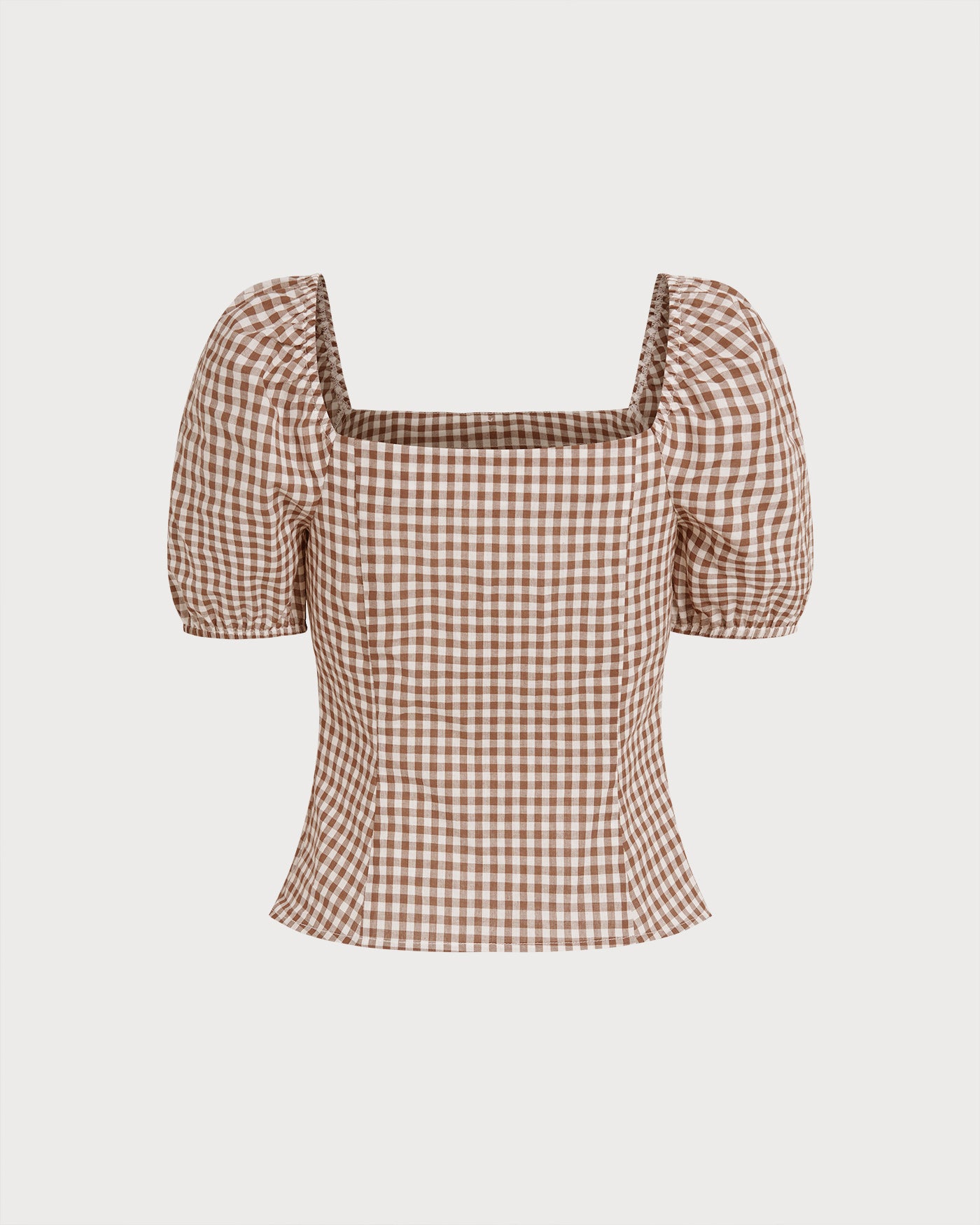 New Arrival 🌼 Brown Square Neck Puffed Sleeve Plaid Blouse