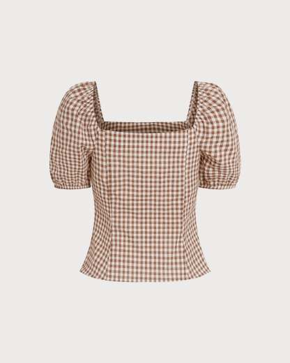 New Arrival 🌼 Brown Square Neck Puffed Sleeve Plaid Blouse