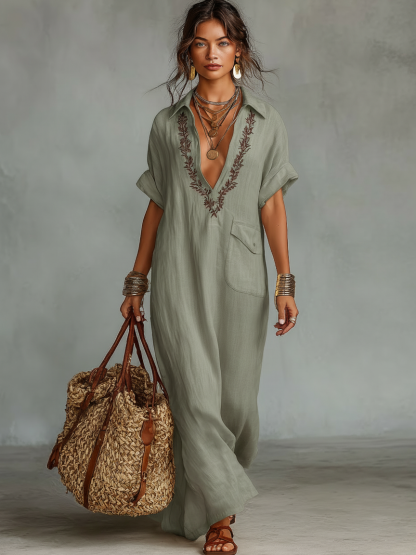 Women's Minimalist Linen Blend Embroidered Short-sleeved Shirt Maxi Dress