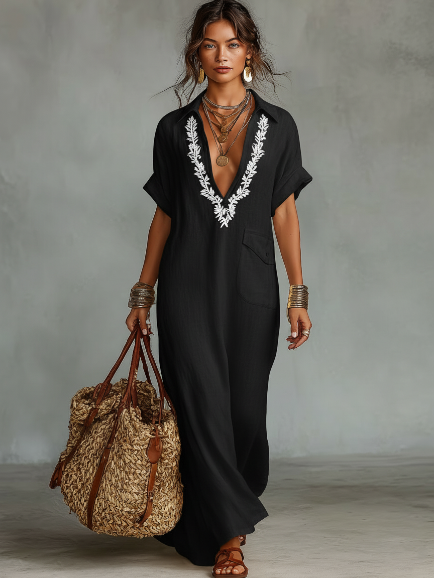 Women's Minimalist Linen Blend Embroidered Short-sleeved Shirt Maxi Dress