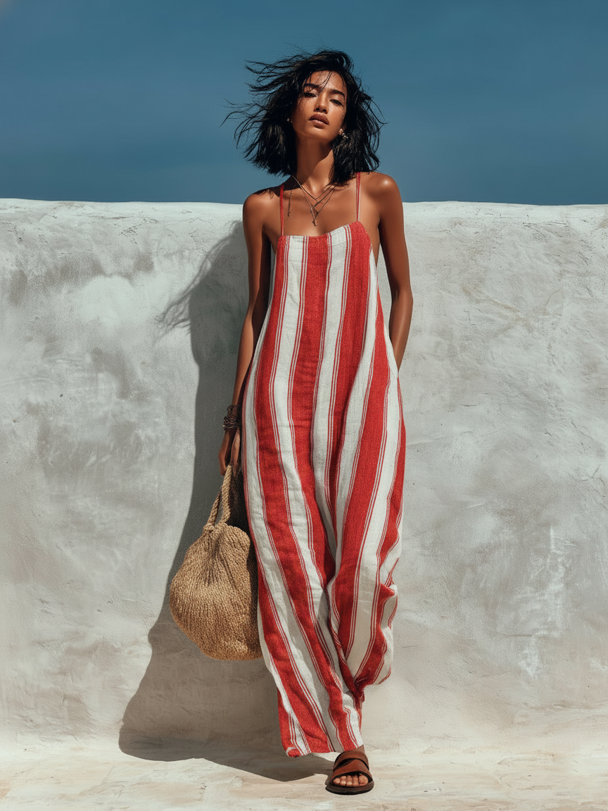 Women's Minimalist Vacation-style Striped Printed Suspender Jumpsuit