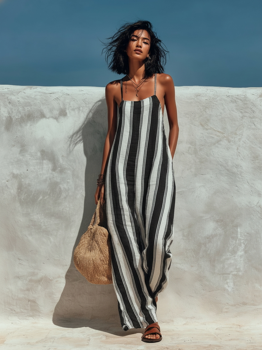 Women's Minimalist Vacation-style Striped Printed Suspender Jumpsuit