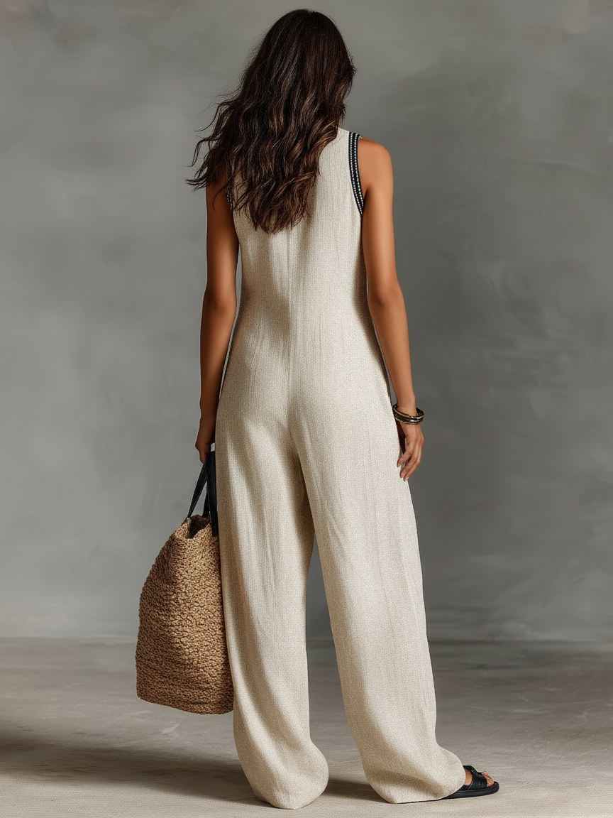 Women's Minimalist Linen Blend Sleeveless Jumpsuit With Zipper And Stand Collar, Featuring Embroidery