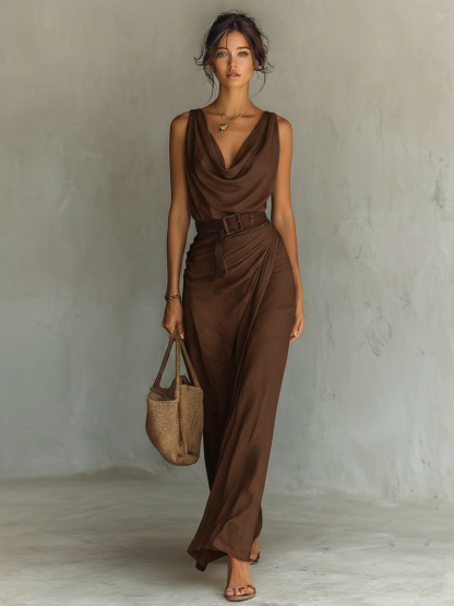 Women's Minimalist Cowl Neck Sleeveless Belted Maxi Dress