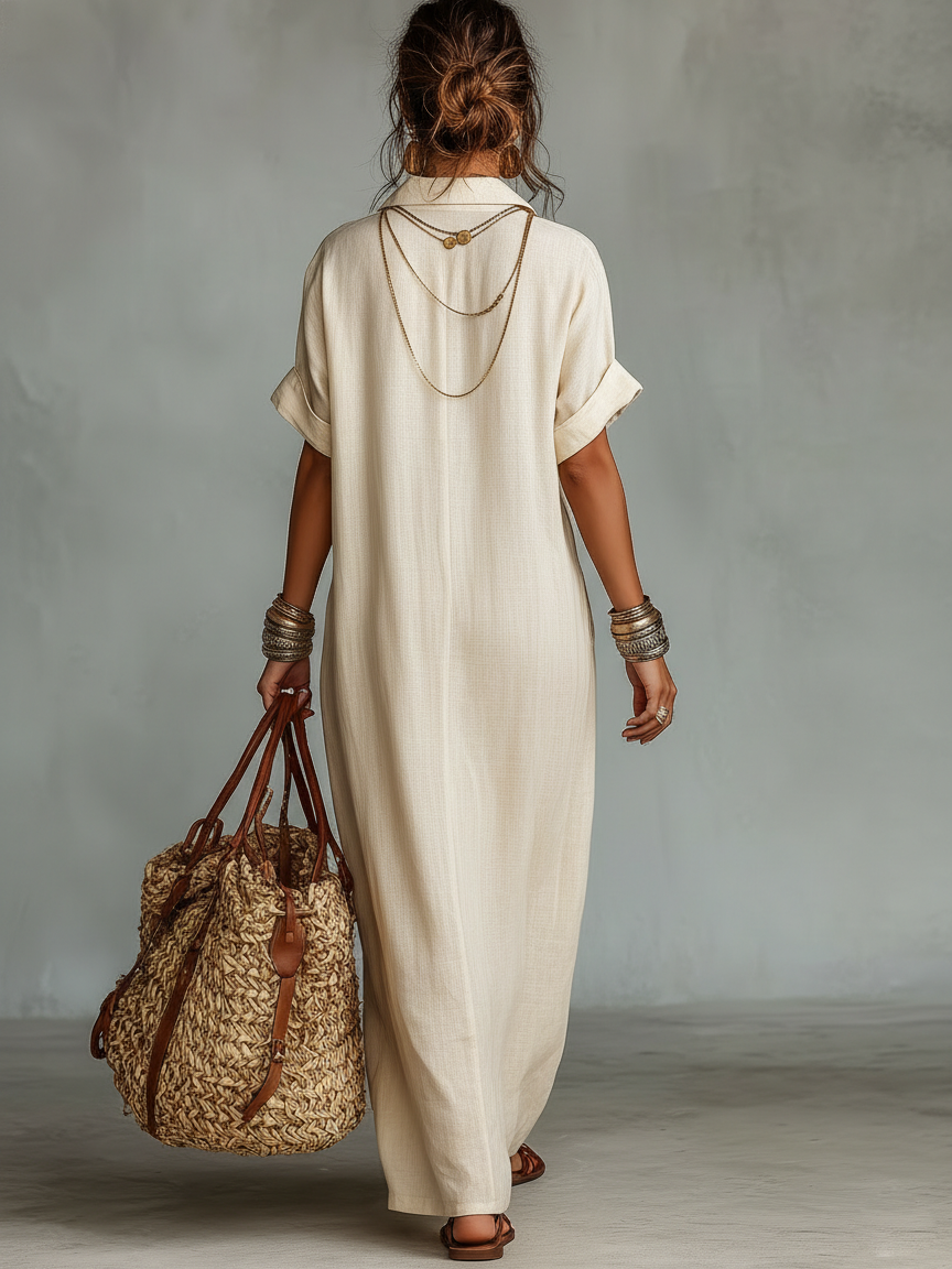 Women's Minimalist Linen Blend Embroidered Short-sleeved Shirt Maxi Dress