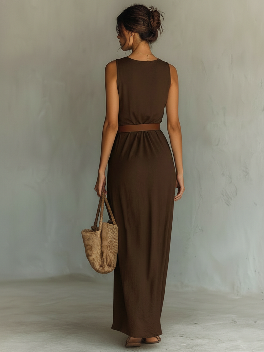 Women's Minimalist Cowl Neck Sleeveless Belted Maxi Dress