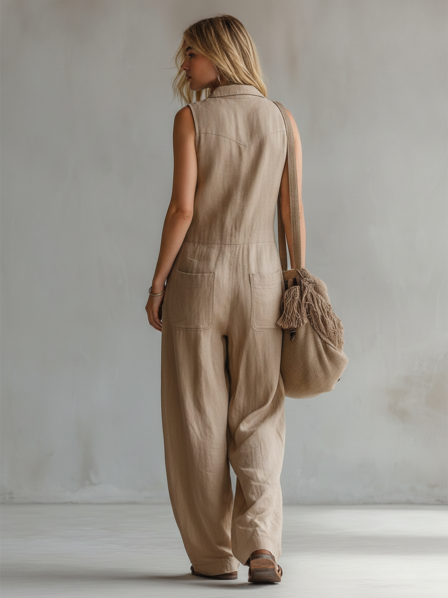Vintage-style Casual Khaki Cotton Utility-style Sleeveless Jumpsuit