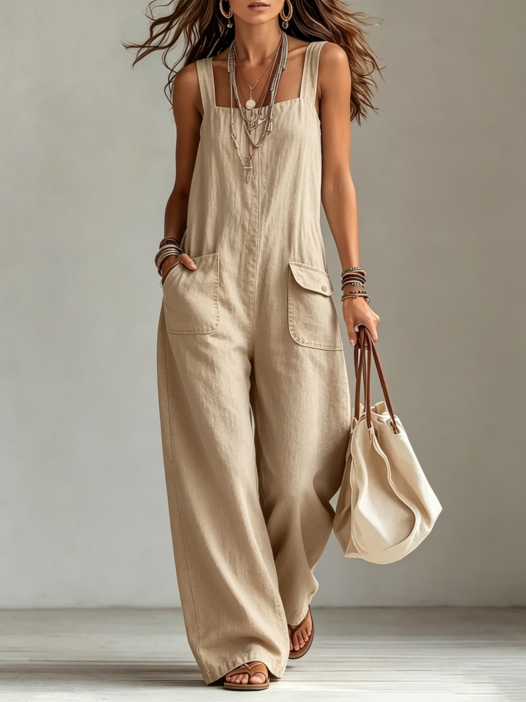 Square Neck Linen-Blend Wide-Leg Jumpsuit