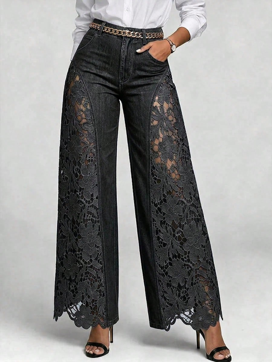 Summer Hollow Out Jeans Women Elegant High Waist Wide Leg Bottoms
