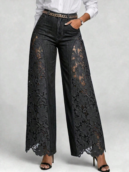 Summer Hollow Out Jeans Women Elegant High Waist Wide Leg Bottoms