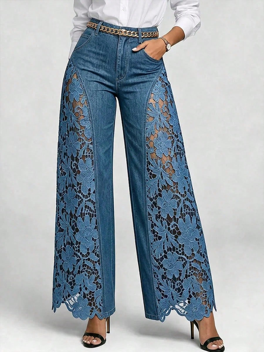 Summer Hollow Out Jeans Women Elegant High Waist Wide Leg Bottoms