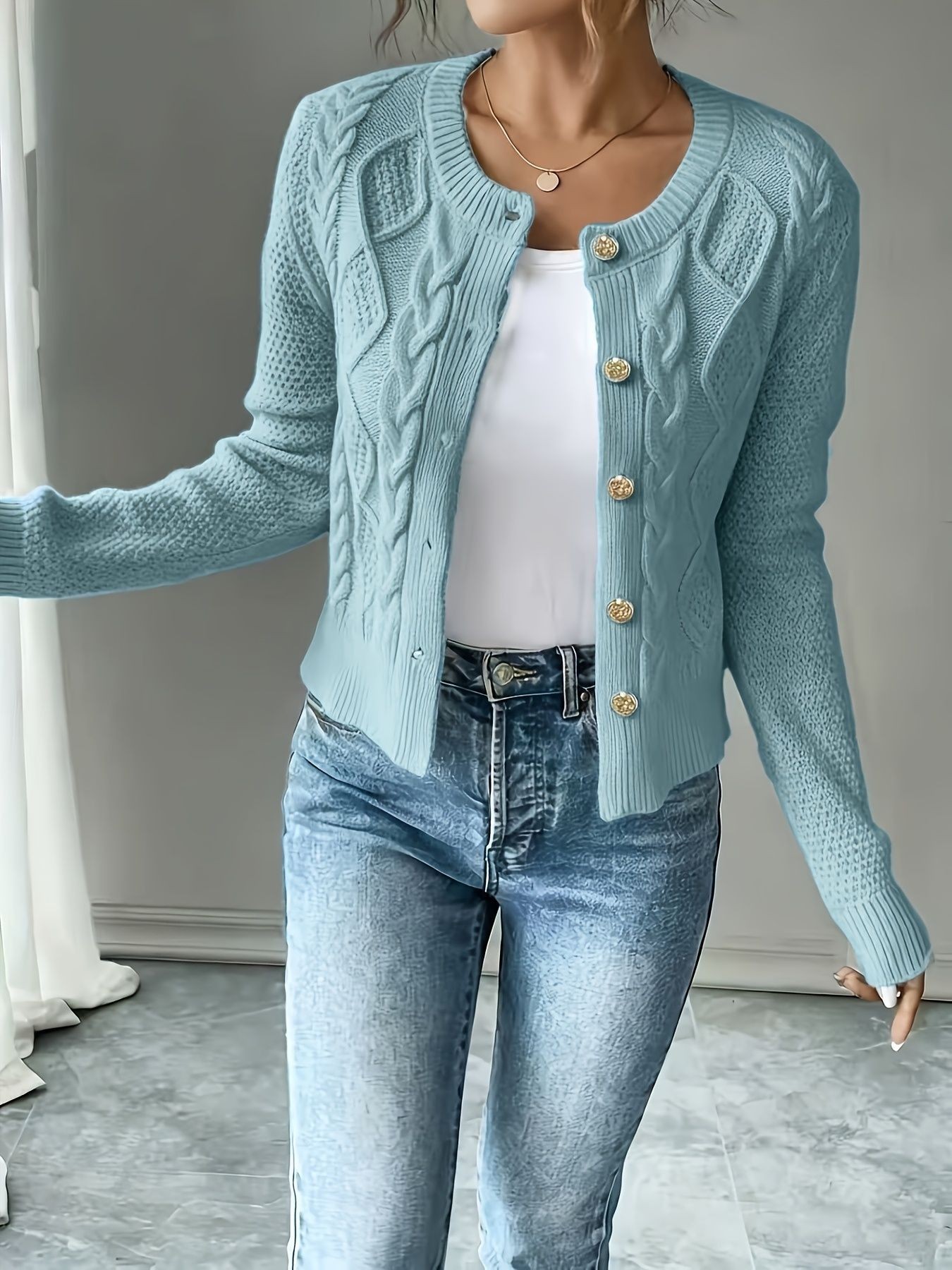 Cable Knit Button Front Cropped Cardigan Sweater