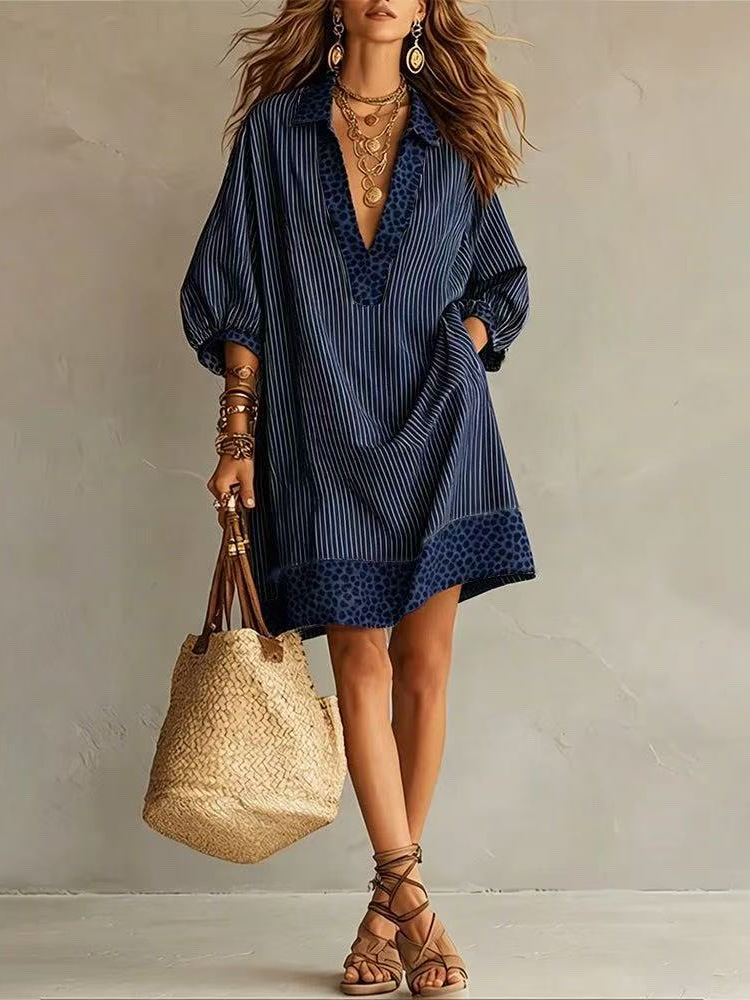 Leopard Contrast Striped Collared Puff Sleeve Mini Dress