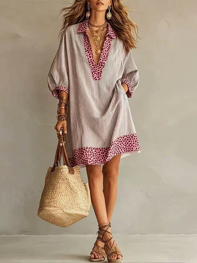 Leopard Contrast Striped Collared Puff Sleeve Mini Dress