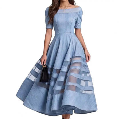 Polyester Patchwork Mesh Off Shoulder Dress — Blu | KIMLUD