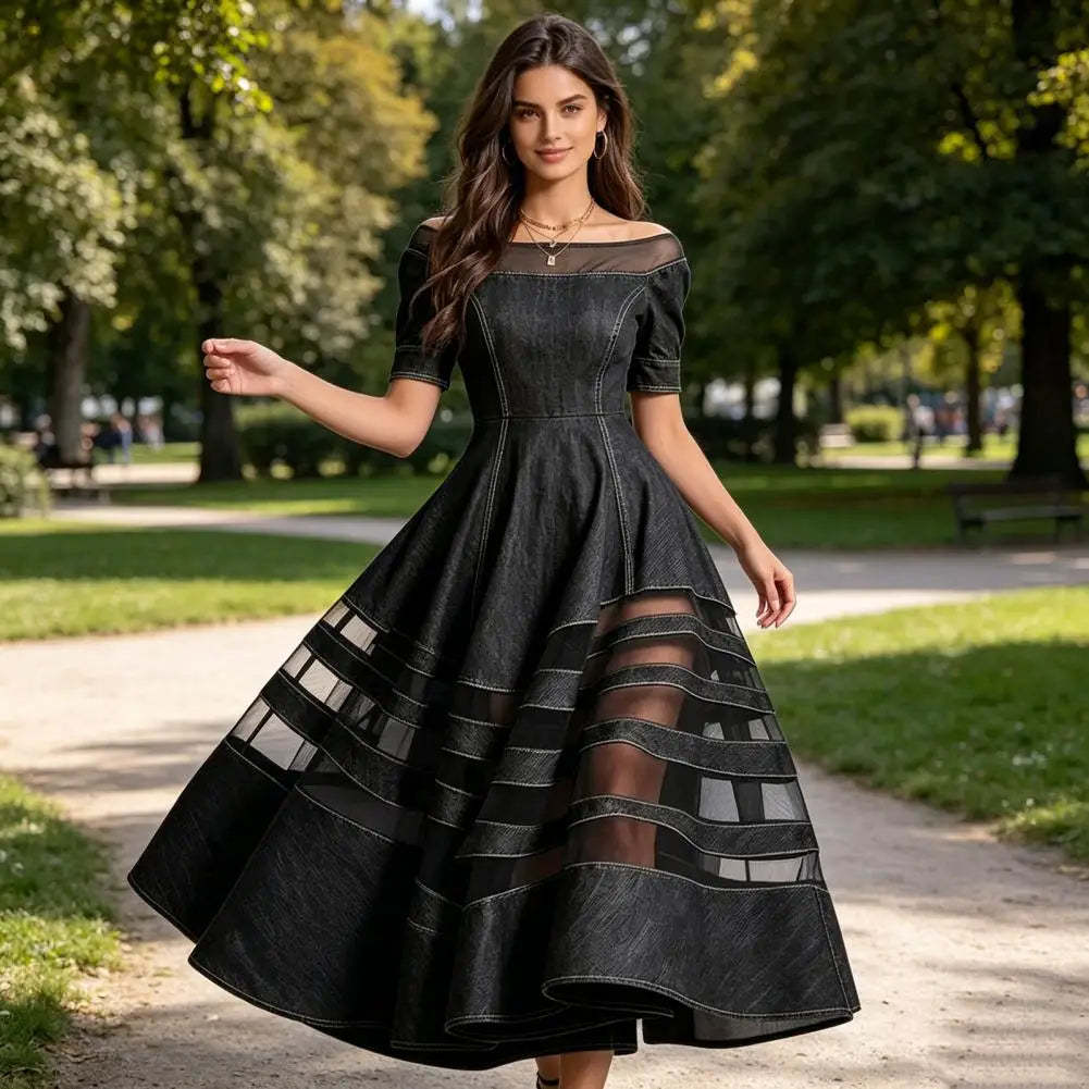 Polyester Patchwork Mesh Off Shoulder Dress — Blu | KIMLUD