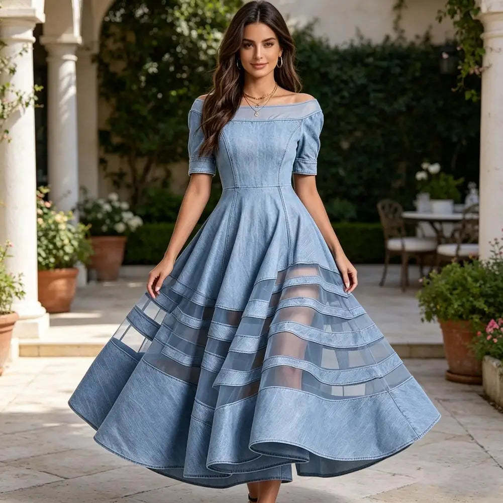 Polyester Patchwork Mesh Off Shoulder Dress — Blu | KIMLUD