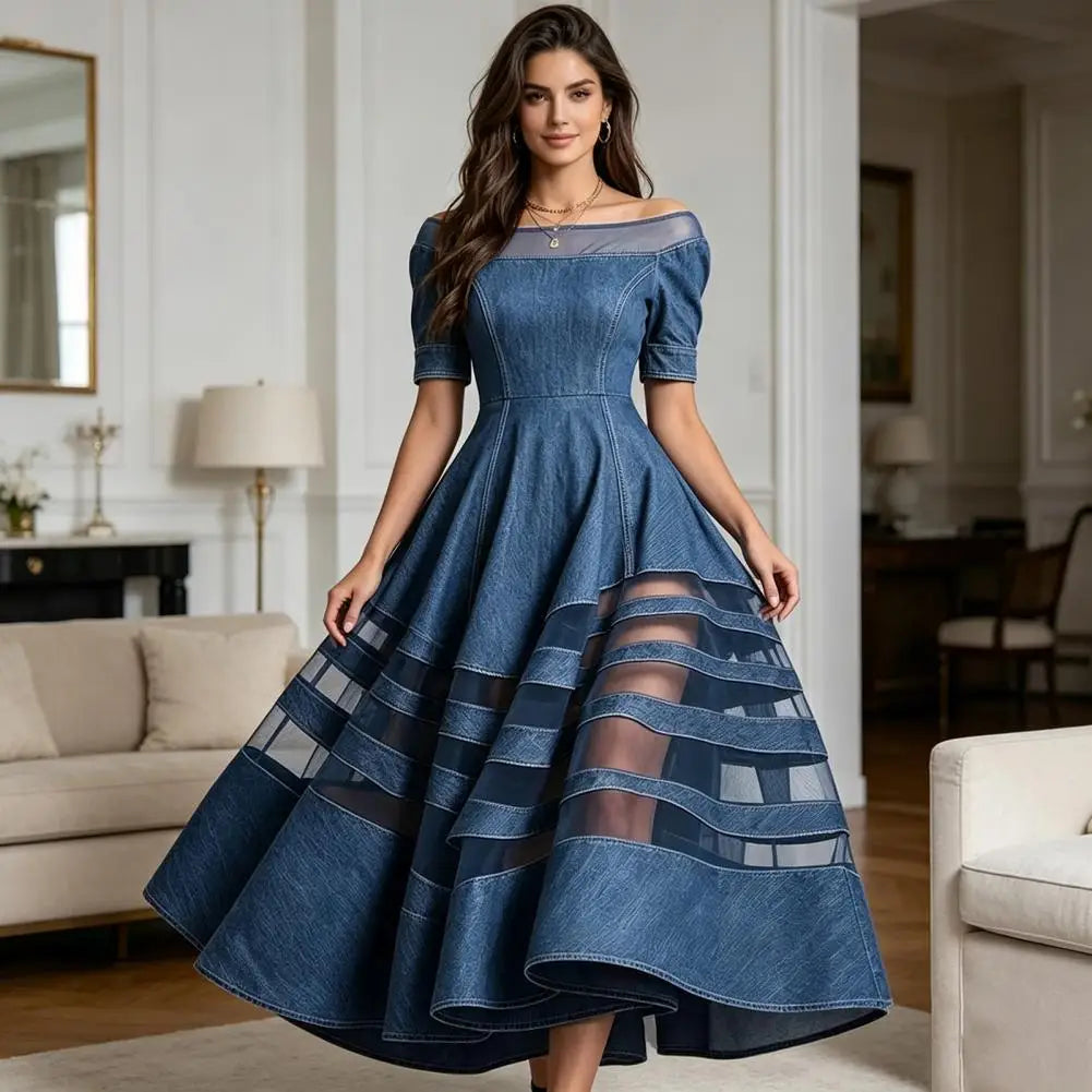 Polyester Patchwork Mesh Off Shoulder Dress — Blu | KIMLUD