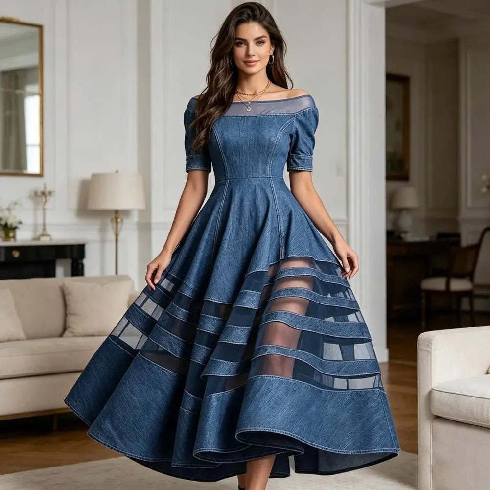 Polyester Patchwork Mesh Off Shoulder Dress — Blu | KIMLUD