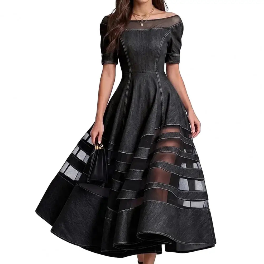 Polyester Patchwork Mesh Off Shoulder Dress — Blu | KIMLUD