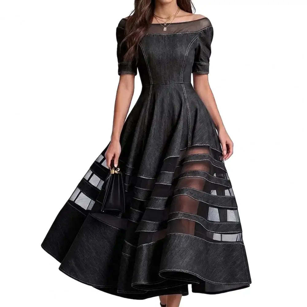 Polyester Patchwork Mesh Off Shoulder Dress — Blu | KIMLUD