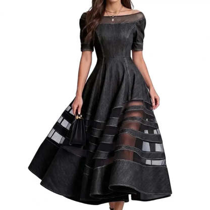Polyester Patchwork Mesh Off Shoulder Dress — Blu | KIMLUD